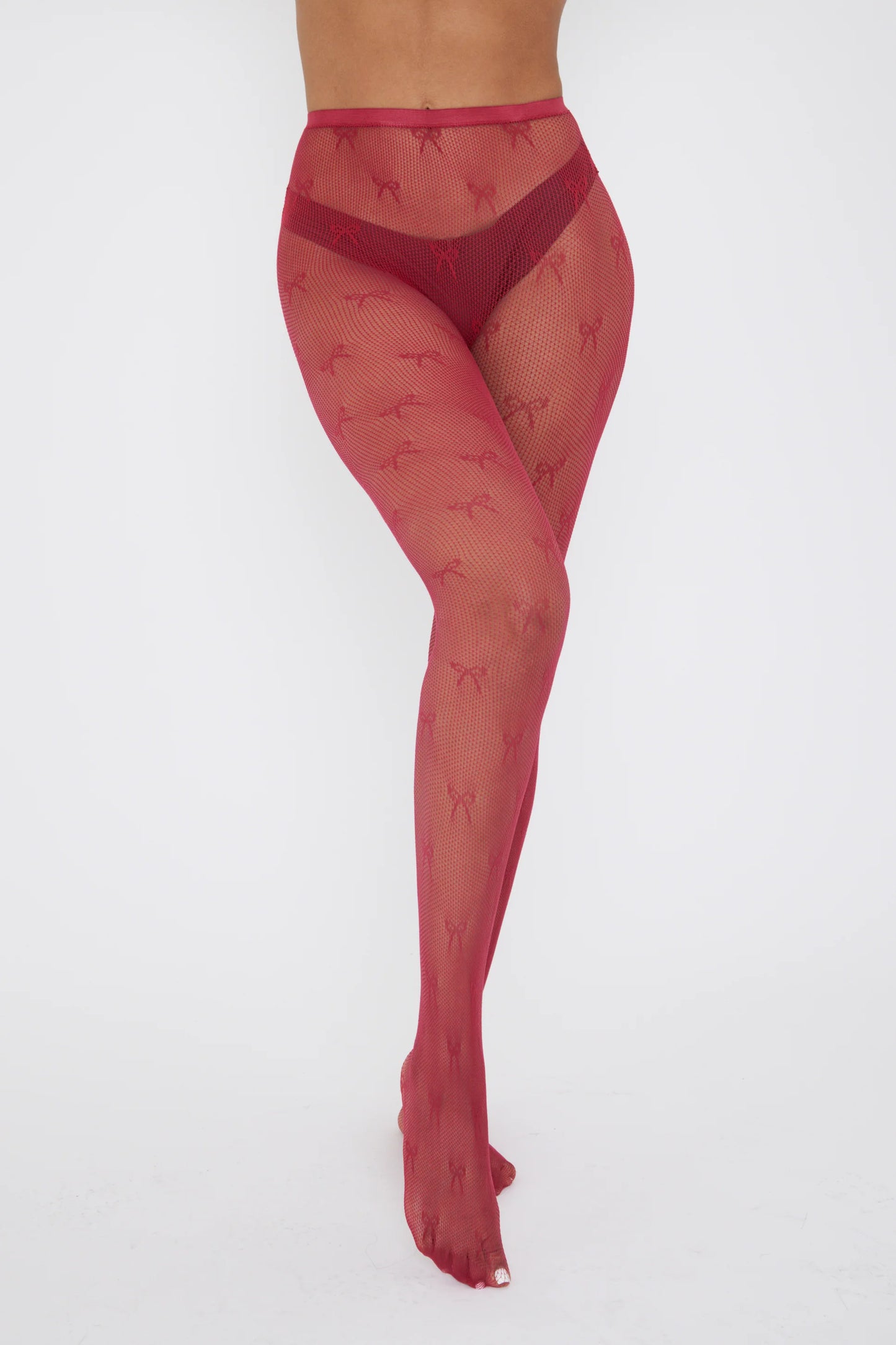 BOW FISHNET TIGHTS ( BURGUNDY )